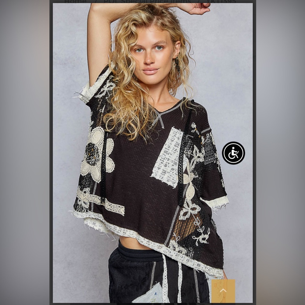 Black POL Patchwork Top with Crochet design